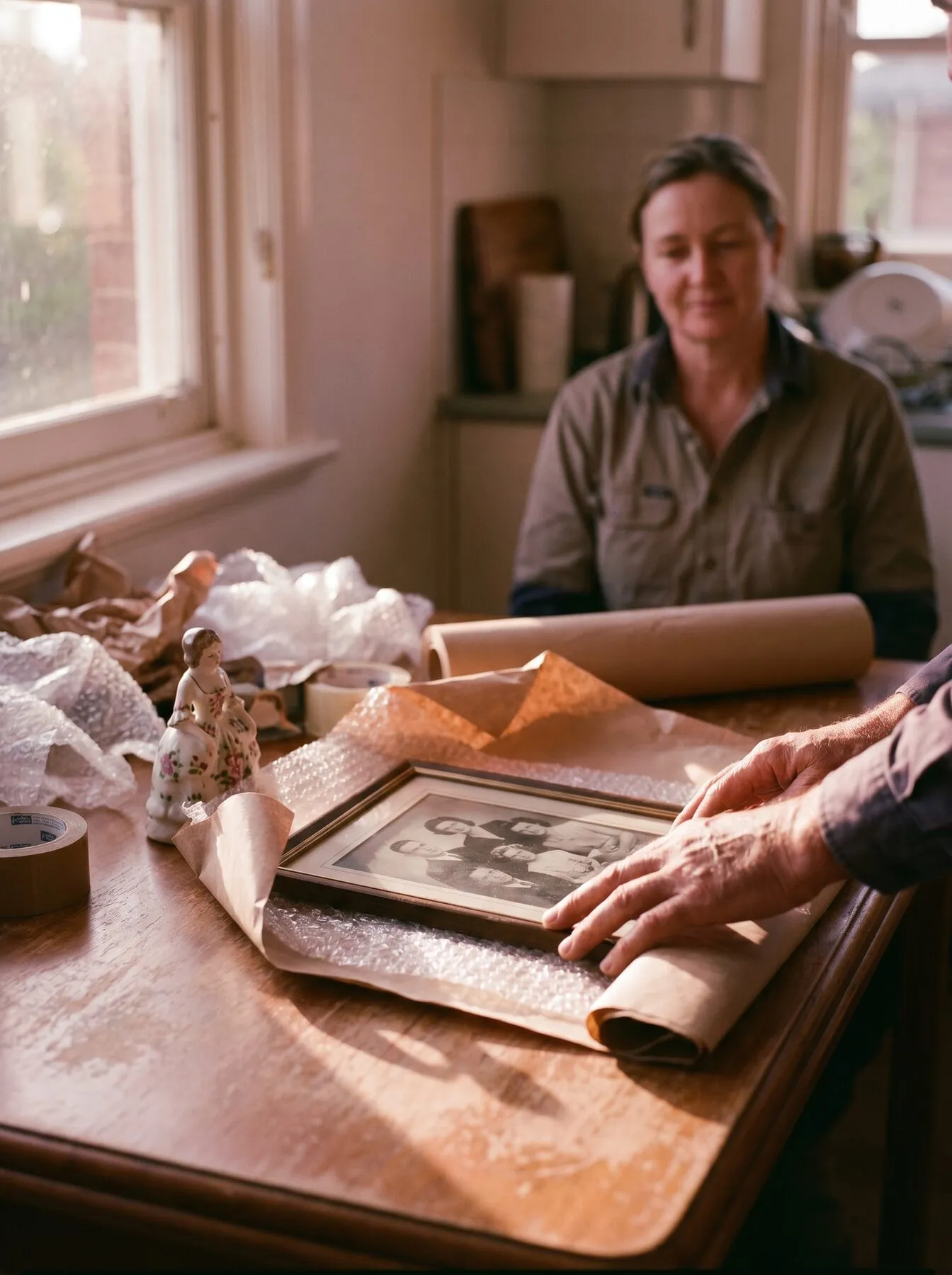 A removalist's hands carefully wrapping a framed family photograph in a cottage kitchen