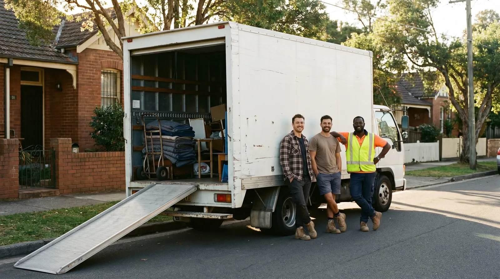 A friendly Sweet Auburn removals crew beside their truck on an inner-western Sydney street