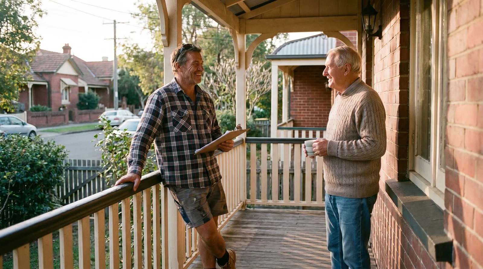 A removalist chatting with a homeowner at their cottage doorway