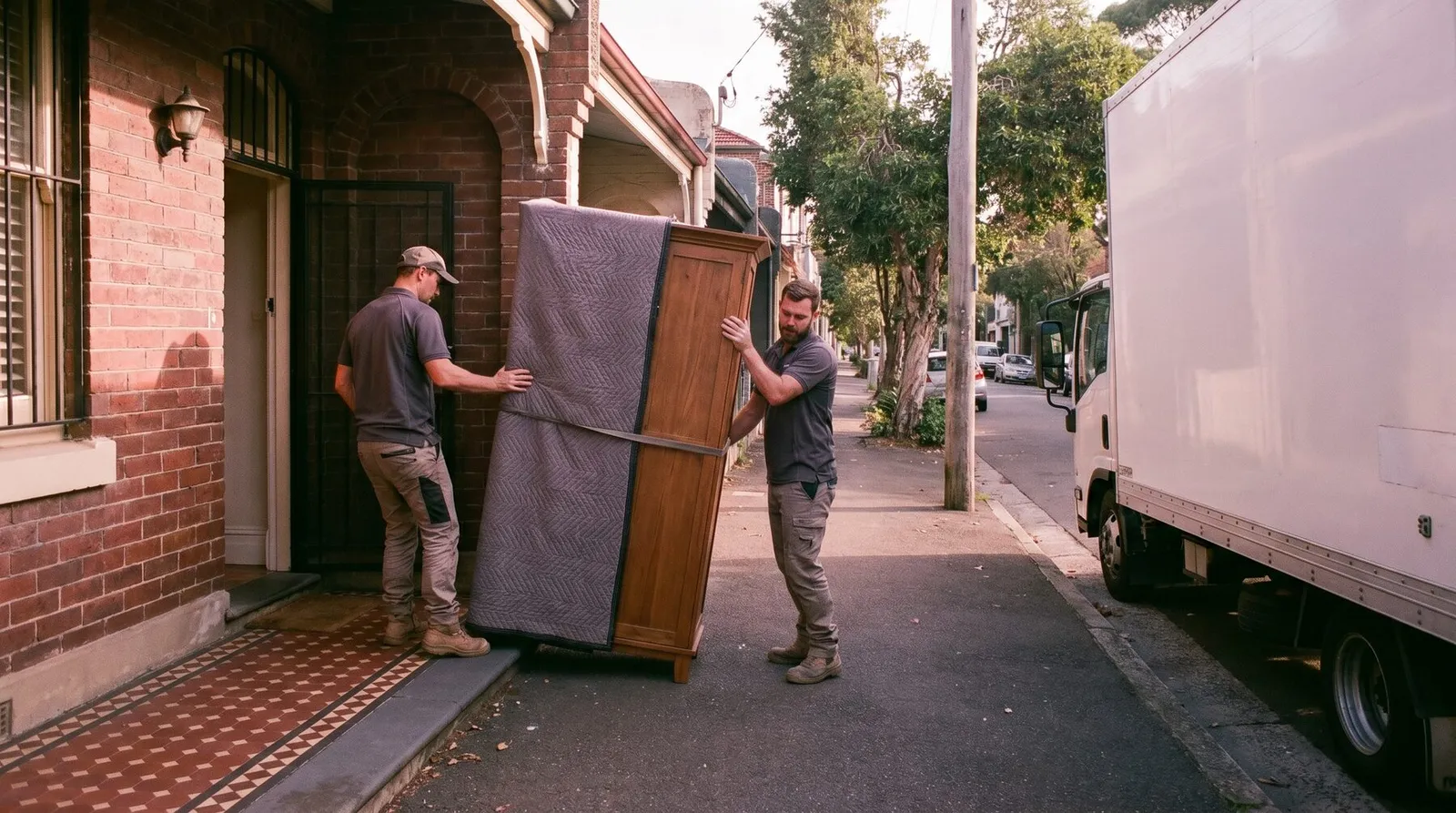 Two Sweet Auburn removalists carefully carrying a wrapped timber wardrobe out the narrow front doorway of a Federation cottage