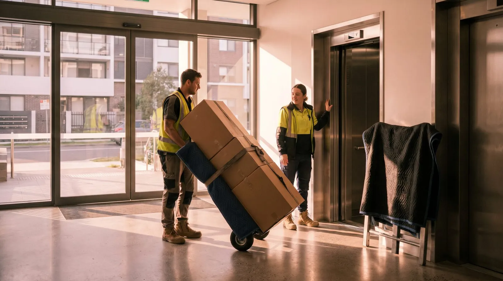 Sweet Auburn removalists moving strapped boxes into a residential apartment tower lift