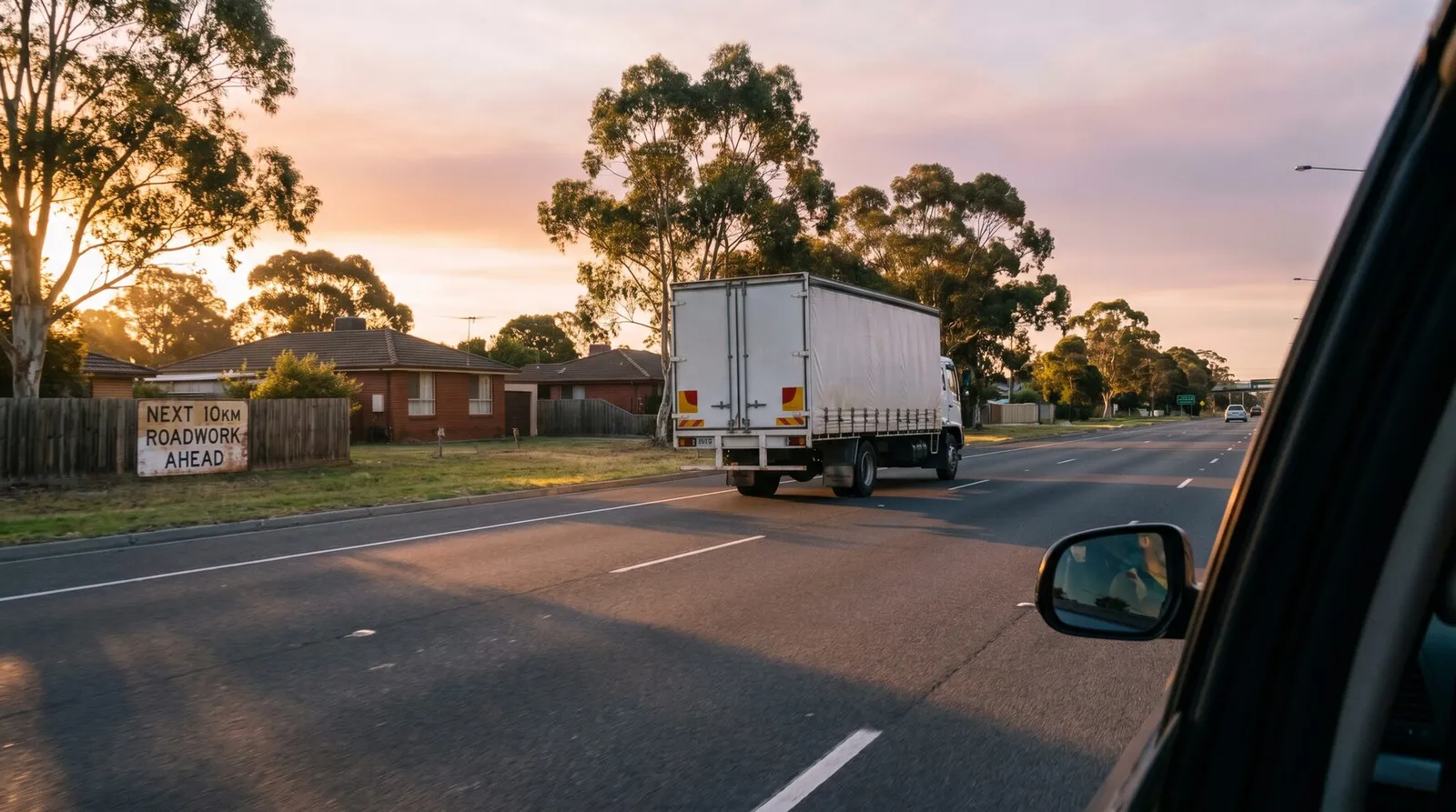 A moving truck on an Australian highway leaving Sydney at golden hour