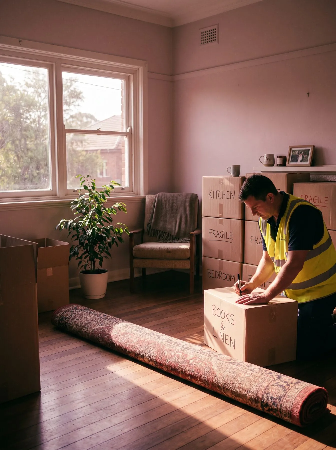 A living room mid-pack with neatly stacked and labelled moving boxes