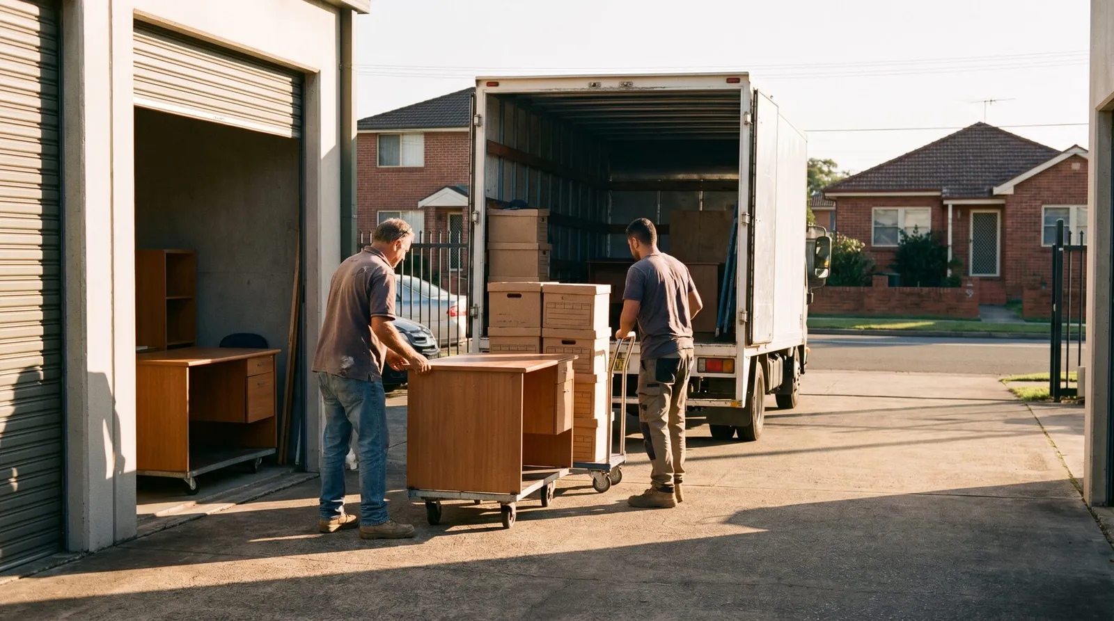 Removalists loading office desks and archive boxes into a truck outside a Silverwater business unit