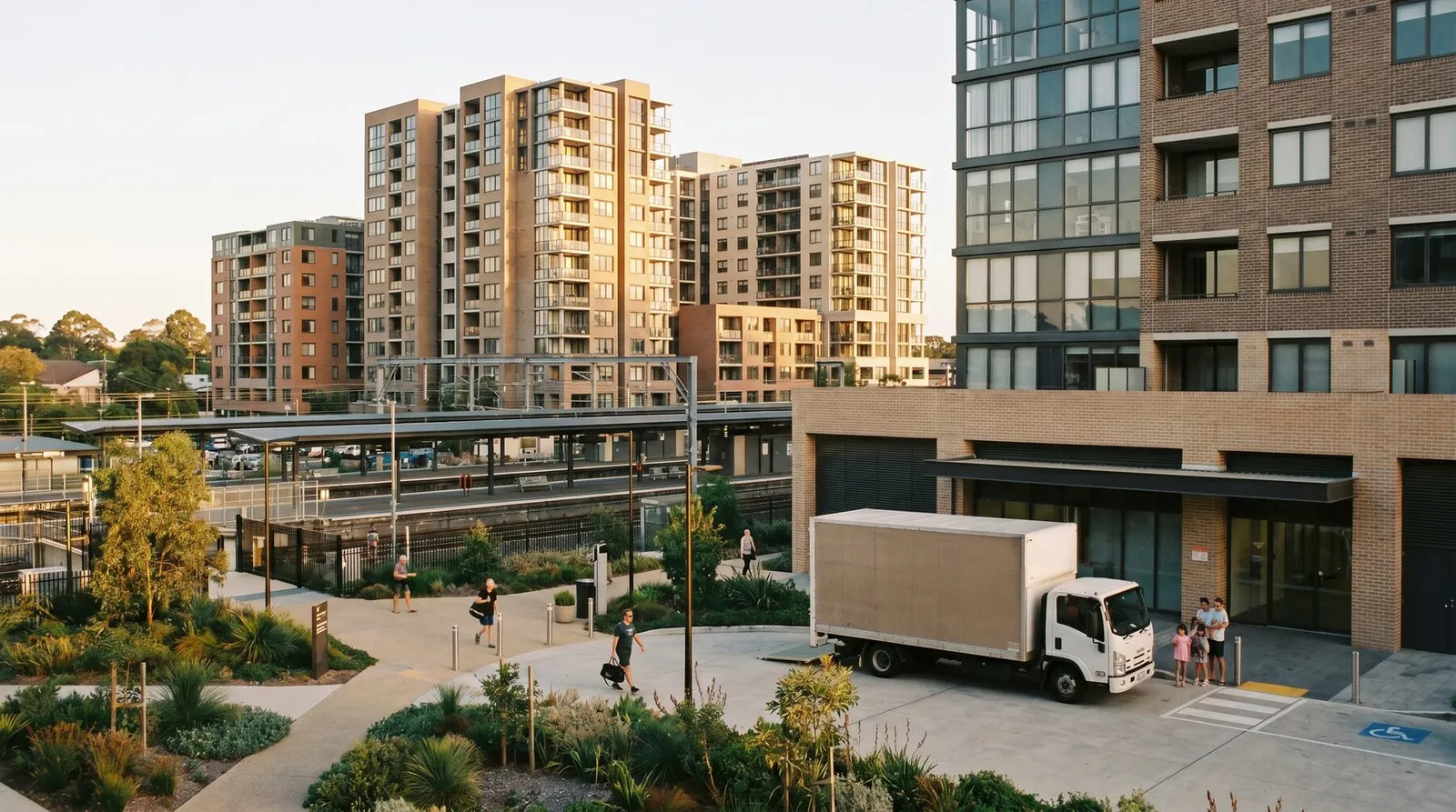 Apartment towers around a suburban railway station with a removals truck at a loading dock